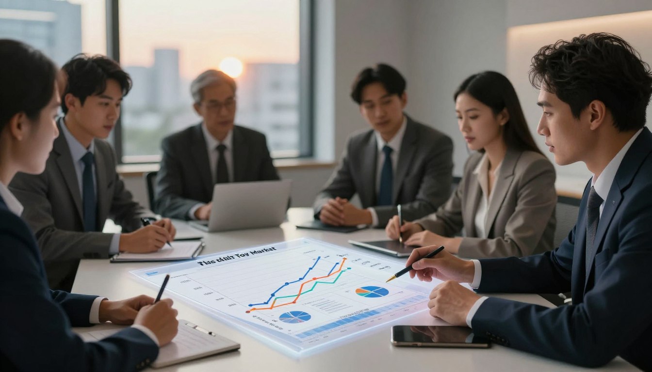 A professional business meeting room with a sleek modern table, surrounded by diverse individuals in business attire discussing charts and graphs. The foreground features a large, clear infographic displaying the growth trend of the adult toy market, with colorful lines and annotations illustrating statistics. The middle layer shows people engaged in conversation, analyzing the data with focused expressions. In the background, a soft-focus window reveals a cityscape under warm, ambient lighting, creating a cozy and intimate atmosphere. The scene conveys a sense of professionalism and curiosity about cultural differences in the market trends, captured with a cinematic lens at a 4:3 aspect ratio that emphasizes engagement and collaboration.