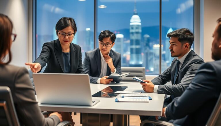 A professional office scene depicting a diverse group of businesspeople engaged in a discussion about common questions and solutions regarding registering a Hong Kong company. In the foreground, a middle-aged Asian woman in smart business attire gestures towards a laptop screen displaying graphs and documents. Beside her, a young Caucasian man takes notes on a notepad, thoughtfully listening. In the middle ground, a modern conference table is surrounded by chairs, and a large window reveals a cityscape of Hong Kong, filling the background with a vibrant skyline illuminated by soft, natural daylight. The atmosphere is focused and collaborative, with warm lighting that creates an inviting workspace. The image should convey professionalism and clarity without any text or distractions.