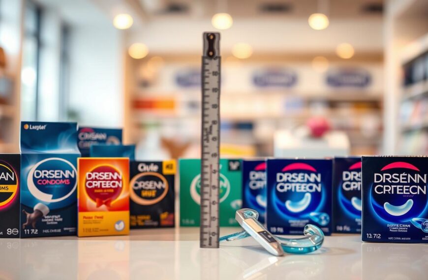 A close-up view of a neatly arranged selection of various styles and sizes of condoms displayed on a clean, well-lit surface, reminiscent of a professional retail environment. The foreground features several unique condom packages, showcasing their distinct branding and color schemes, highlighting the importance of choice in selecting the right fit. In the middle, slightly blurred, there are measuring tools such as a ruler or calipers to symbolize precision in measurement. The background is softly out of focus, emphasizing a bright and inviting store setting with warm lighting. The mood is informative and professional, aimed at educating viewers about the significance of selecting appropriate condoms for personal health. Use a natural light effect to enhance the overall clarity and detail of the image.