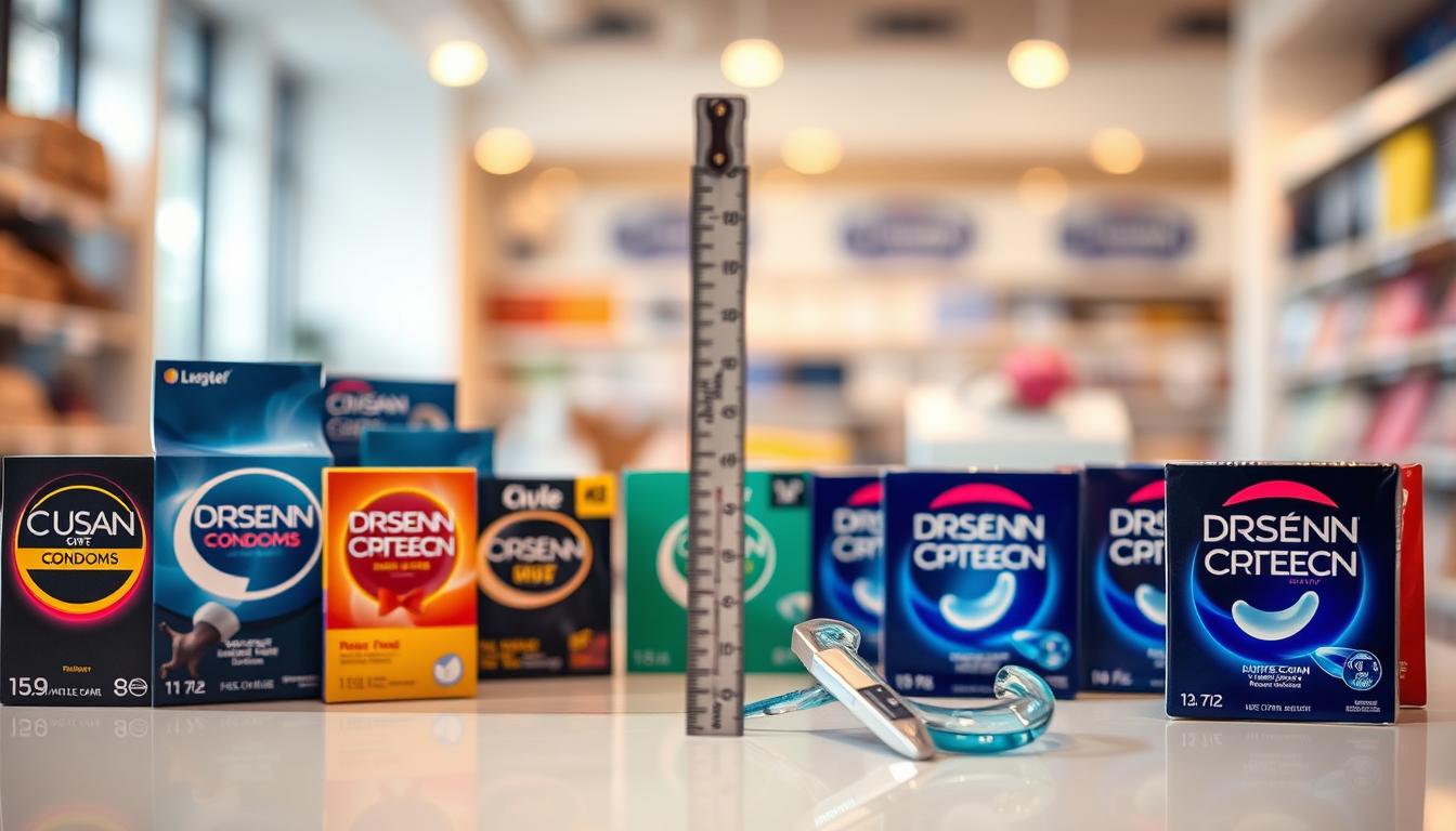 A close-up view of a neatly arranged selection of various styles and sizes of condoms displayed on a clean, well-lit surface, reminiscent of a professional retail environment. The foreground features several unique condom packages, showcasing their distinct branding and color schemes, highlighting the importance of choice in selecting the right fit. In the middle, slightly blurred, there are measuring tools such as a ruler or calipers to symbolize precision in measurement. The background is softly out of focus, emphasizing a bright and inviting store setting with warm lighting. The mood is informative and professional, aimed at educating viewers about the significance of selecting appropriate condoms for personal health. Use a natural light effect to enhance the overall clarity and detail of the image.