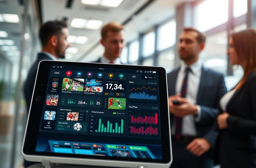 A modern sports information interface from the "3A" entertainment platform, showcasing a sleek dashboard filled with live game scores, statistics, and news updates. In the foreground, a digital tablet displays vibrant visuals of various sports, with user-friendly icons and intuitive navigation. The middle ground features a stylized, interactive design with dynamic charts and graphs interpreting real-time data. The background includes a blurred office environment with professional individuals in business attire discussing the interface. The overall mood is energetic and high-tech, with bright lighting emphasizing digital clarity and motion. Capture this scene at a 45-degree angle to highlight the interface's innovative features, creating an engaging atmosphere that reflects the excitement of staying updated on sports events.