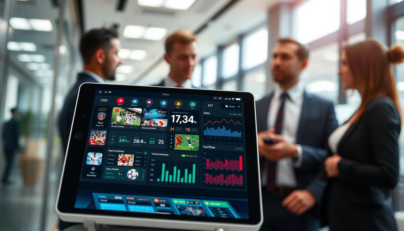 A modern sports information interface from the "3A" entertainment platform, showcasing a sleek dashboard filled with live game scores, statistics, and news updates. In the foreground, a digital tablet displays vibrant visuals of various sports, with user-friendly icons and intuitive navigation. The middle ground features a stylized, interactive design with dynamic charts and graphs interpreting real-time data. The background includes a blurred office environment with professional individuals in business attire discussing the interface. The overall mood is energetic and high-tech, with bright lighting emphasizing digital clarity and motion. Capture this scene at a 45-degree angle to highlight the interface's innovative features, creating an engaging atmosphere that reflects the excitement of staying updated on sports events.