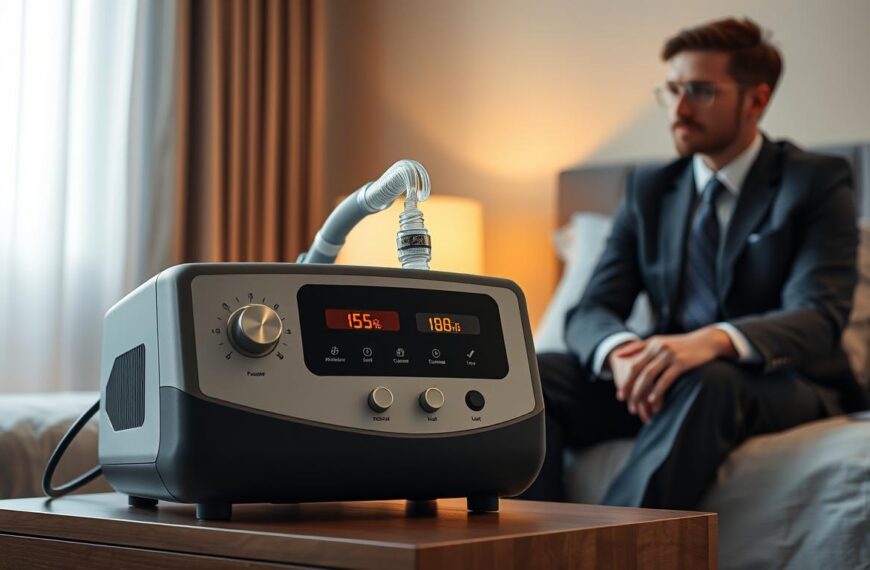 A detailed and realistic image of a sleep apnea machine prominently in the foreground, showcasing its pressure adjustment features with clear dials and digital displays. The machine is situated on a bedside table, against a softly blurred background that includes a cozy bedroom environment, featuring warm ambient lighting. A human subject, dressed in professional business attire, is seated beside the table, looking intently at the machine, reflecting curiosity and understanding of the device's operation. The overall atmosphere should be calm and informative, highlighting the importance of the sleep apnea machine and the significance of its pressure regulation functionality in enhancing user experience. The angle captures both the machine and the subject effectively, with a focus on clarity and detail.