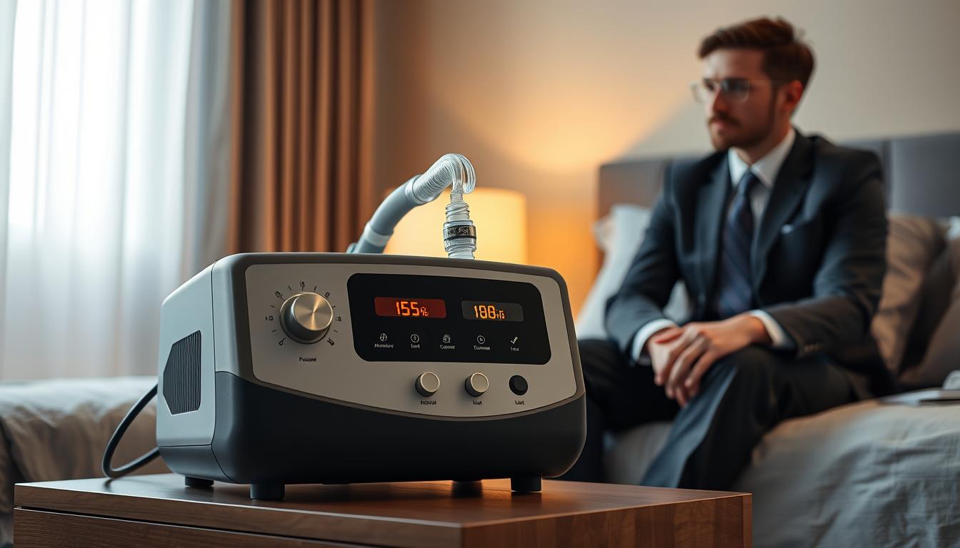 A detailed and realistic image of a sleep apnea machine prominently in the foreground, showcasing its pressure adjustment features with clear dials and digital displays. The machine is situated on a bedside table, against a softly blurred background that includes a cozy bedroom environment, featuring warm ambient lighting. A human subject, dressed in professional business attire, is seated beside the table, looking intently at the machine, reflecting curiosity and understanding of the device's operation. The overall atmosphere should be calm and informative, highlighting the importance of the sleep apnea machine and the significance of its pressure regulation functionality in enhancing user experience. The angle captures both the machine and the subject effectively, with a focus on clarity and detail.
