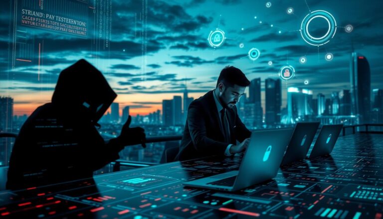 A dramatic scene depicting the cybersecurity challenges faced by 3A Entertainment. In the foreground, a highly detailed digital interface shows security threats like viruses and malware represented as menacing shadows. In the middle ground, a diverse group of cybersecurity professionals in business attire collaborate over high-tech laptops, analyzing the threats on their screens. The background features a futuristic city skyline at dusk with glowing data streams and digital elements hovering in the air, symbolizing advanced technology and global connectivity. The lighting is moody, with a blend of blue and green hues to evoke a sense of urgency and sophistication, emphasizing the battle against cybercrime. The atmosphere is intense, highlighting the importance of immediate action in securing digital environments.