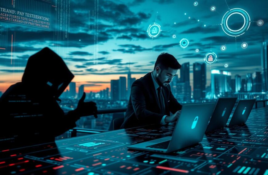 A dramatic scene depicting the cybersecurity challenges faced by 3A Entertainment. In the foreground, a highly detailed digital interface shows security threats like viruses and malware represented as menacing shadows. In the middle ground, a diverse group of cybersecurity professionals in business attire collaborate over high-tech laptops, analyzing the threats on their screens. The background features a futuristic city skyline at dusk with glowing data streams and digital elements hovering in the air, symbolizing advanced technology and global connectivity. The lighting is moody, with a blend of blue and green hues to evoke a sense of urgency and sophistication, emphasizing the battle against cybercrime. The atmosphere is intense, highlighting the importance of immediate action in securing digital environments.