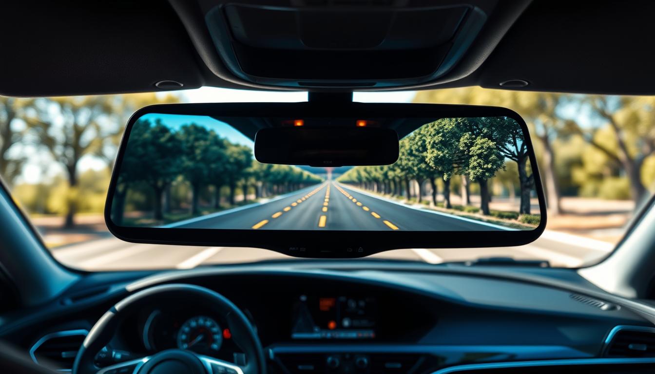 A high-resolution image focusing on an electronic rearview mirror displaying a crystal-clear reflection of the road behind a modern vehicle. In the foreground, the sleek design of the mirror is prominently featured, showcasing its advanced display technology with vibrant colors and sharp details. The middle ground highlights the car's interior, including a dashboard illuminated softly by ambient lighting, creating a professional and safe atmosphere. In the background, a clear view of a well-lit road with trees lining the sides adds depth to the scene. The lighting is bright and natural, simulating a sunny day, while the angle captures an inviting perspective for drivers. This image should evoke a sense of security and innovation in automotive technology.