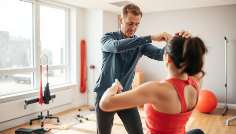 A professional physical therapist demonstrating muscle and nerve re-education techniques in a modern treatment room. In the foreground, a therapist is guiding a patient through a shoulder mobility exercise, focusing on correct posture to alleviate rounded shoulders and upper cross syndrome. The therapist is wearing smart casual attire, while the patient is dressed in comfortable sportswear. In the middle ground, exercise equipment like resistance bands and stability balls are visible, emphasizing a rehabilitation atmosphere. The background features bright, natural lighting pouring in from large windows, enhancing the warm and inviting mood. The scene is framed with a slight angle, showcasing both the interaction and the supportive environment, creating an educational, encouraging atmosphere.