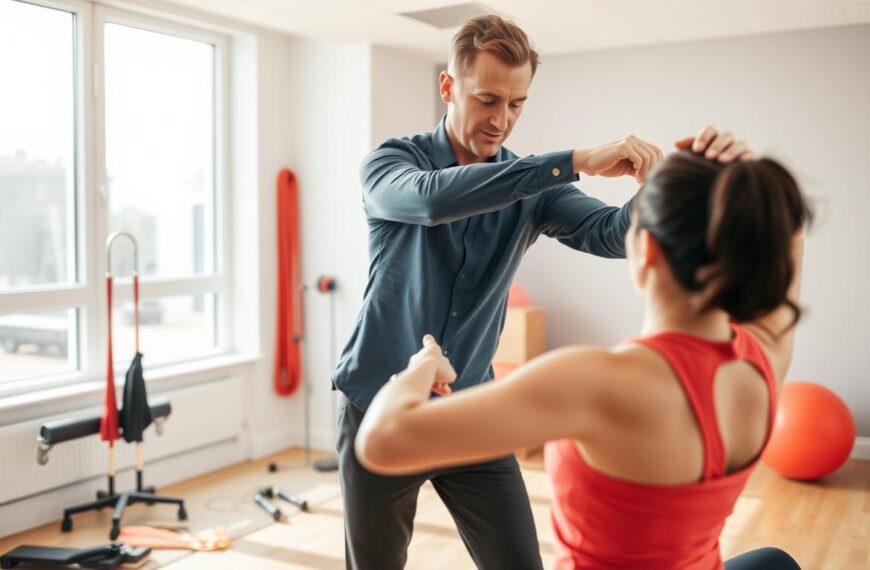 A professional physical therapist demonstrating muscle and nerve re-education techniques in a modern treatment room. In the foreground, a therapist is guiding a patient through a shoulder mobility exercise, focusing on correct posture to alleviate rounded shoulders and upper cross syndrome. The therapist is wearing smart casual attire, while the patient is dressed in comfortable sportswear. In the middle ground, exercise equipment like resistance bands and stability balls are visible, emphasizing a rehabilitation atmosphere. The background features bright, natural lighting pouring in from large windows, enhancing the warm and inviting mood. The scene is framed with a slight angle, showcasing both the interaction and the supportive environment, creating an educational, encouraging atmosphere.