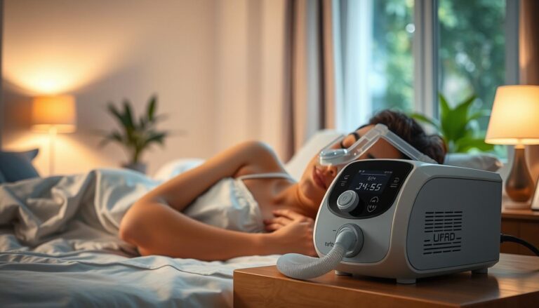 A serene bedroom scene showcasing the benefits of a sleep breathing machine. In the foreground, a calm individual in modest sleepwear peacefully sleeping with a CPAP machine beside them, illustrating comfort and tranquility. The middle ground features soft, ambient lighting casting a warm glow, highlighting the machine's sleek design and its integrated features like a digital display and soft tubing. In the background, a cozy atmosphere is enhanced by soothing decor like gentle colors on the walls, a bedside lamp emitting a soft light, and lush greenery visible through a window. The mood is peaceful and inviting, emphasizing overall sleep health and well-being. Use a soft-focus effect to enhance the tranquil feel, capturing the essence of restful sleep.