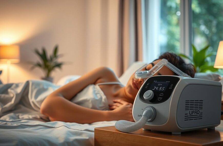 A serene bedroom scene showcasing the benefits of a sleep breathing machine. In the foreground, a calm individual in modest sleepwear peacefully sleeping with a CPAP machine beside them, illustrating comfort and tranquility. The middle ground features soft, ambient lighting casting a warm glow, highlighting the machine's sleek design and its integrated features like a digital display and soft tubing. In the background, a cozy atmosphere is enhanced by soothing decor like gentle colors on the walls, a bedside lamp emitting a soft light, and lush greenery visible through a window. The mood is peaceful and inviting, emphasizing overall sleep health and well-being. Use a soft-focus effect to enhance the tranquil feel, capturing the essence of restful sleep.
