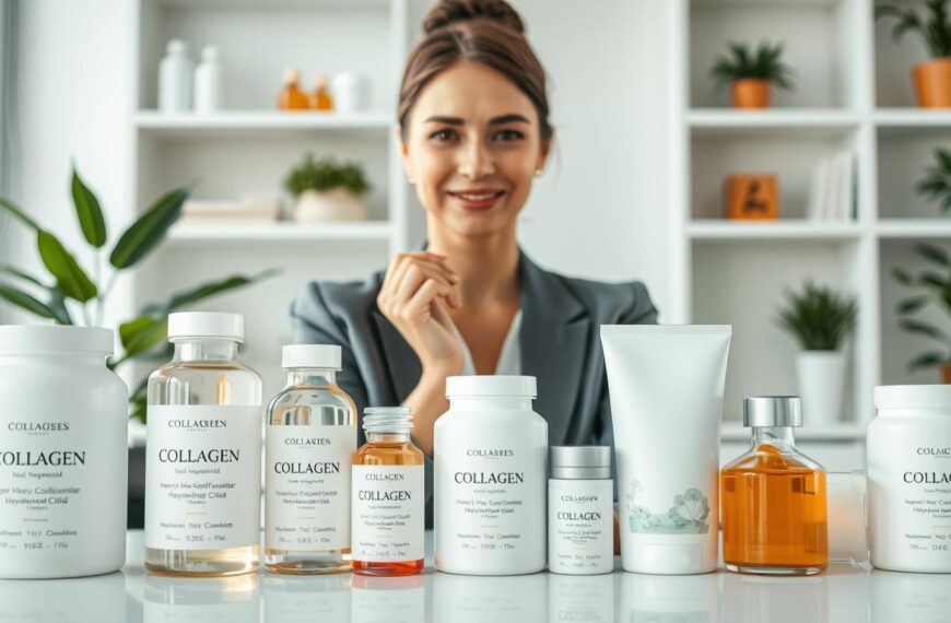 A beautifully arranged array of collagen supplement products, featuring elegant bottles and containers with a clean and modern design. The foreground showcases these products, with soft lighting accentuating their labels which depict natural ingredients like hyaluronic acid and vitamins. In the middle, a professional woman in business attire, exhibiting healthy, radiant skin, gently holds one of the collagen products, conveying confidence and wellness. The background includes a light, airy office space with soft-focus shelves displaying additional skincare items and plants, enhancing the atmosphere of tranquility and self-care. The overall mood is inviting and sophisticated, emphasizing the importance of maintaining skin hydration and health in a professional environment.