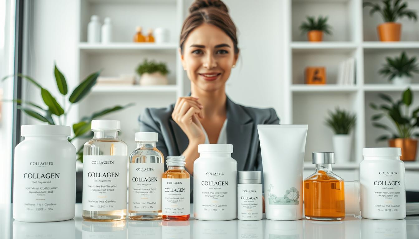 A beautifully arranged array of collagen supplement products, featuring elegant bottles and containers with a clean and modern design. The foreground showcases these products, with soft lighting accentuating their labels which depict natural ingredients like hyaluronic acid and vitamins. In the middle, a professional woman in business attire, exhibiting healthy, radiant skin, gently holds one of the collagen products, conveying confidence and wellness. The background includes a light, airy office space with soft-focus shelves displaying additional skincare items and plants, enhancing the atmosphere of tranquility and self-care. The overall mood is inviting and sophisticated, emphasizing the importance of maintaining skin hydration and health in a professional environment.
