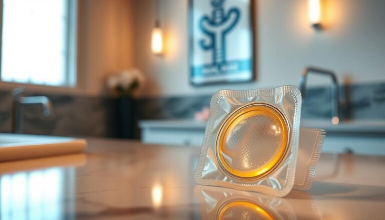 A close-up view of a transparent condom pack showcasing its premium features in an elegantly designed bathroom setting. In the foreground, the pack is open, revealing the textured surface of the condom, which is highlighted by soft, warm lighting to emphasize its durability and superior craftsmanship. The middle section features a sleek, modern counter with subtle reflections, enhancing the sophistication of the product. In the background, a blurred image of a tasteful, minimalist medical or wellness-themed decor adds context, suggesting health and safety. The overall atmosphere is clean, professional, and inviting, conveying trustworthiness and innovation in the realm of personal care. The image should capture the essence of enduring quality and reliability without any explicit content.
