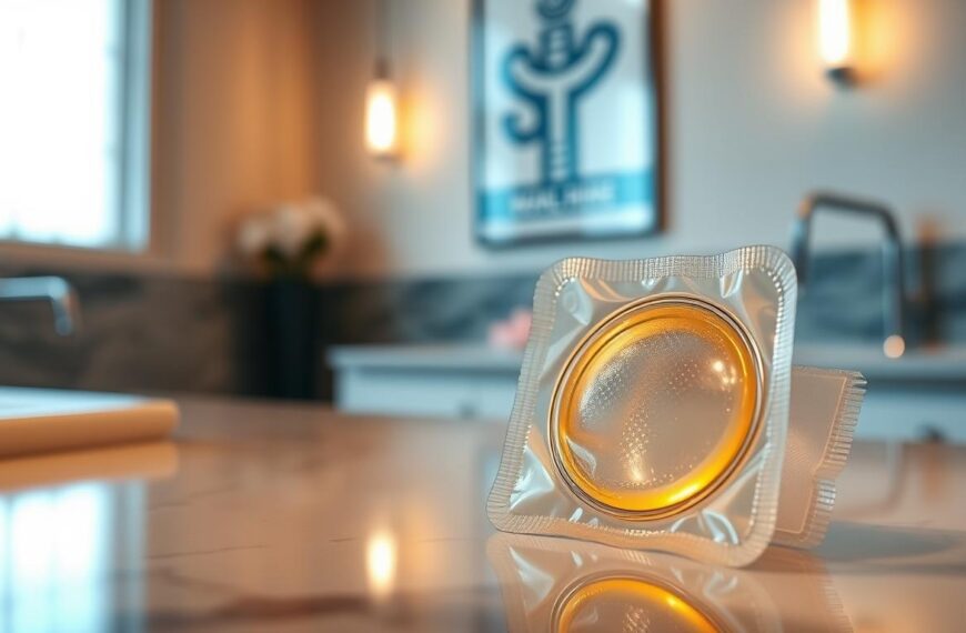 A close-up view of a transparent condom pack showcasing its premium features in an elegantly designed bathroom setting. In the foreground, the pack is open, revealing the textured surface of the condom, which is highlighted by soft, warm lighting to emphasize its durability and superior craftsmanship. The middle section features a sleek, modern counter with subtle reflections, enhancing the sophistication of the product. In the background, a blurred image of a tasteful, minimalist medical or wellness-themed decor adds context, suggesting health and safety. The overall atmosphere is clean, professional, and inviting, conveying trustworthiness and innovation in the realm of personal care. The image should capture the essence of enduring quality and reliability without any explicit content.