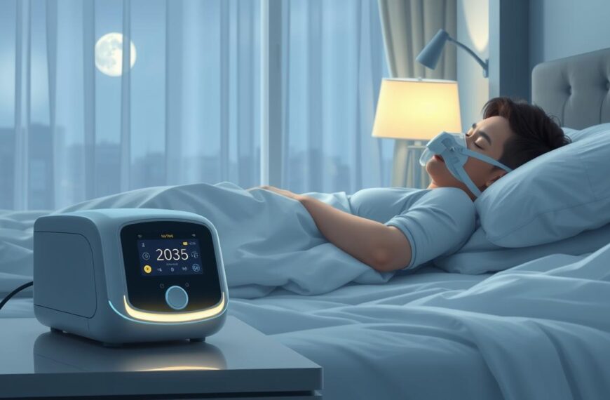 A detailed illustration of a sleep apnea machine in a modern bedroom setting, showcasing its therapeutic effects. In the foreground, the machine sits prominently on a bedside table, with a soft glow emanating from its digital display. The middle ground features a peaceful sleeper in professional sleep attire, comfortably resting with a nasal mask connected to the machine, illustrating the calm environment and restful state. The background contains soft, ambient lighting from a bedside lamp, and a serene window view with gentle moonlight filtering through thin curtains. The overall mood is tranquil and restorative, encapsulating the healing journey of using a sleep apnea machine.