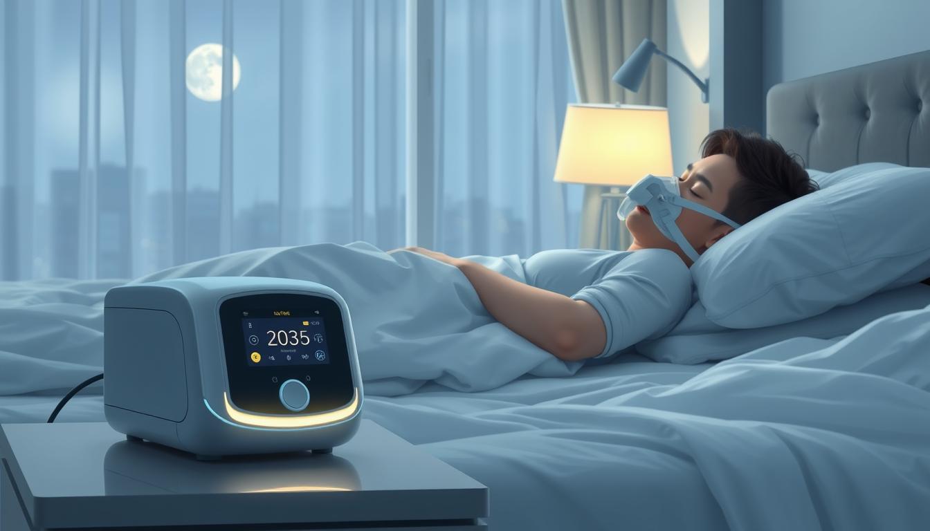 A detailed illustration of a sleep apnea machine in a modern bedroom setting, showcasing its therapeutic effects. In the foreground, the machine sits prominently on a bedside table, with a soft glow emanating from its digital display. The middle ground features a peaceful sleeper in professional sleep attire, comfortably resting with a nasal mask connected to the machine, illustrating the calm environment and restful state. The background contains soft, ambient lighting from a bedside lamp, and a serene window view with gentle moonlight filtering through thin curtains. The overall mood is tranquil and restorative, encapsulating the healing journey of using a sleep apnea machine.