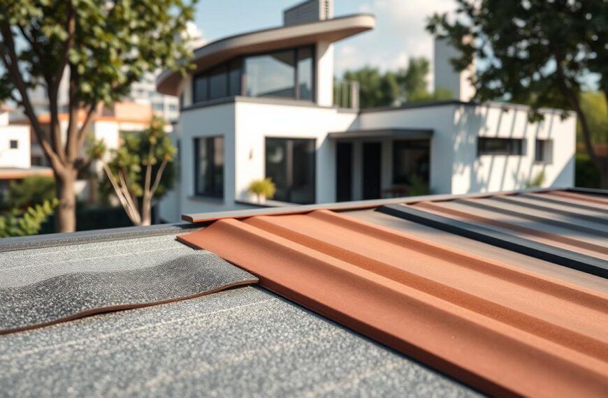 A modern residential exterior featuring flat roofing sheets, showcasing a sleek design. In the foreground, display a variety of roofing materials, including textured and colored sheet options. In the middle ground, illustrate a contemporary home with clean lines, large windows, and a flat roof seamlessly integrated with the sheets. The background should include an urban setting with greenery, reflecting a harmonious blend of architecture and nature. Natural lighting casts soft shadows, enhancing the textures of the roofing sheets and the home’s façade. The mood is inviting and innovative, emphasizing functionality and aesthetic appeal in residential design, viewed from a slight angle to capture depth and perspective.