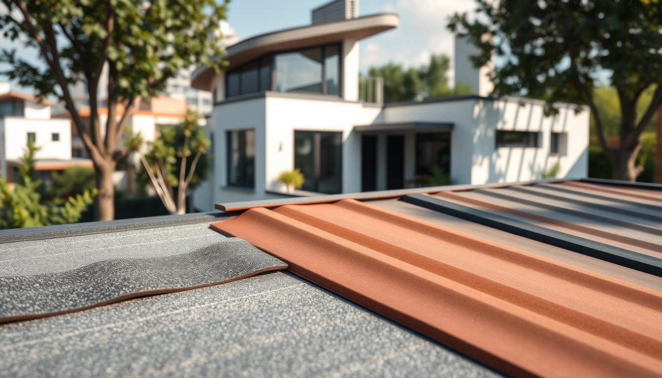 A modern residential exterior featuring flat roofing sheets, showcasing a sleek design. In the foreground, display a variety of roofing materials, including textured and colored sheet options. In the middle ground, illustrate a contemporary home with clean lines, large windows, and a flat roof seamlessly integrated with the sheets. The background should include an urban setting with greenery, reflecting a harmonious blend of architecture and nature. Natural lighting casts soft shadows, enhancing the textures of the roofing sheets and the home’s façade. The mood is inviting and innovative, emphasizing functionality and aesthetic appeal in residential design, viewed from a slight angle to capture depth and perspective.