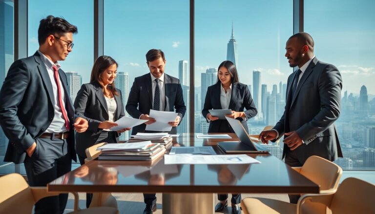 A professional business setting showcasing the concept of establishing an "unlimited company" in Hong Kong. In the foreground, a diverse group of three business professionals in smart attire, including Asian, Caucasian, and Black individuals, discussing documents in a modern office environment. In the middle, a sleek conference table covered with papers, laptops, and business plans, reflecting collaboration and strategy. The background features a large window with a view of Hong Kong's iconic skyline, with skyscrapers under a clear blue sky, symbolizing opportunity. Bright, natural lighting fills the room, creating a positive and ambitious atmosphere, shot from a slightly elevated angle to capture the dynamics of the discussion.