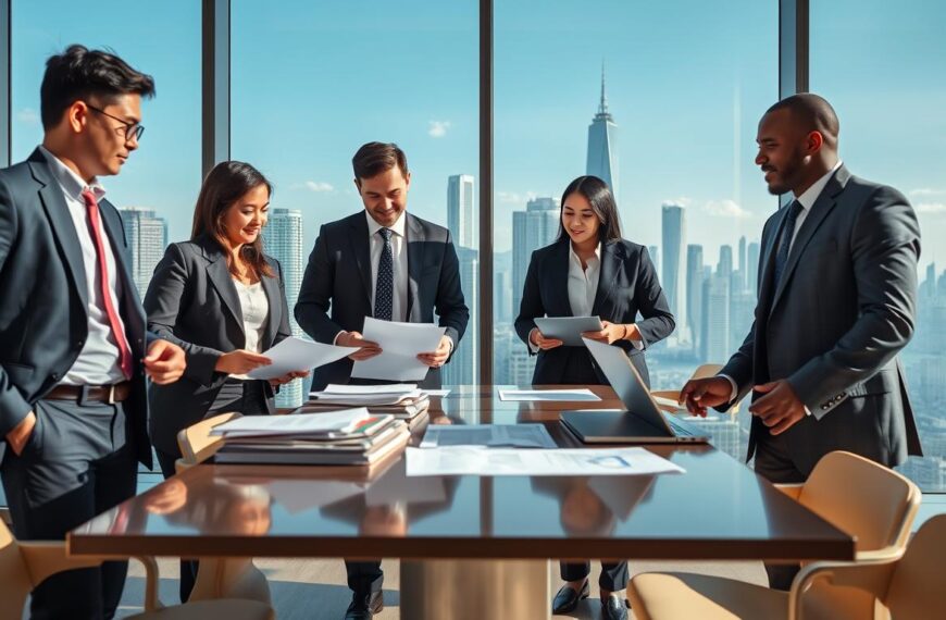 A professional business setting showcasing the concept of establishing an "unlimited company" in Hong Kong. In the foreground, a diverse group of three business professionals in smart attire, including Asian, Caucasian, and Black individuals, discussing documents in a modern office environment. In the middle, a sleek conference table covered with papers, laptops, and business plans, reflecting collaboration and strategy. The background features a large window with a view of Hong Kong's iconic skyline, with skyscrapers under a clear blue sky, symbolizing opportunity. Bright, natural lighting fills the room, creating a positive and ambitious atmosphere, shot from a slightly elevated angle to capture the dynamics of the discussion.