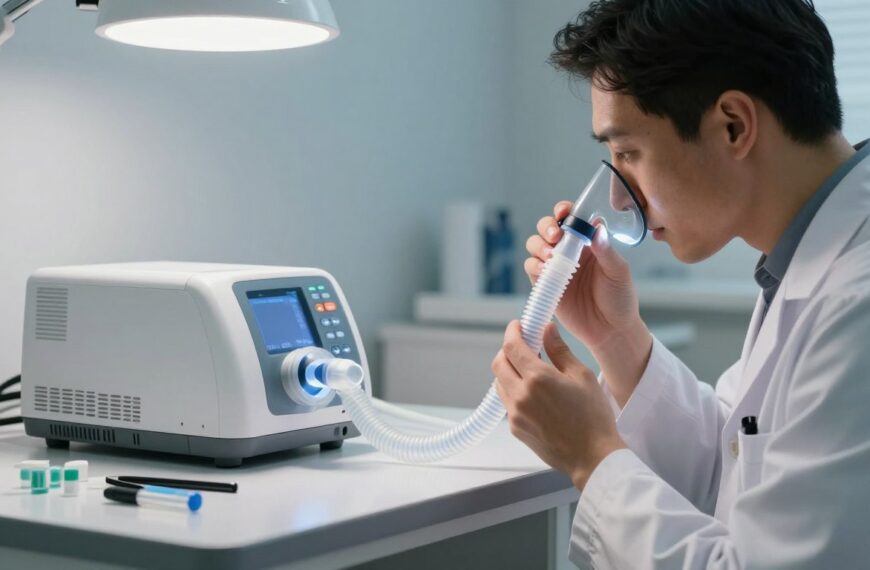 A professional setting showcasing the maintenance and inspection of a sleep apnea machine. In the foreground, a healthcare technician in a lab coat carefully examines a nasal mask and flexible tubing for any signs of wear or damage. The technician uses a flashlight to inspect the equipment closely, emphasizing attention to detail. In the middle ground, the sleep apnea machine is displayed on a sleek, modern work surface, with various tools organized neatly nearby, including replacement parts and cleaning supplies. In the background, soft, diffused lighting from overhead fixtures creates a calm and focused atmosphere, while a subtle hint of a medical office environment is suggested. The overall mood conveys professionalism, precision, and the importance of maintaining equipment for effective treatment outcomes.