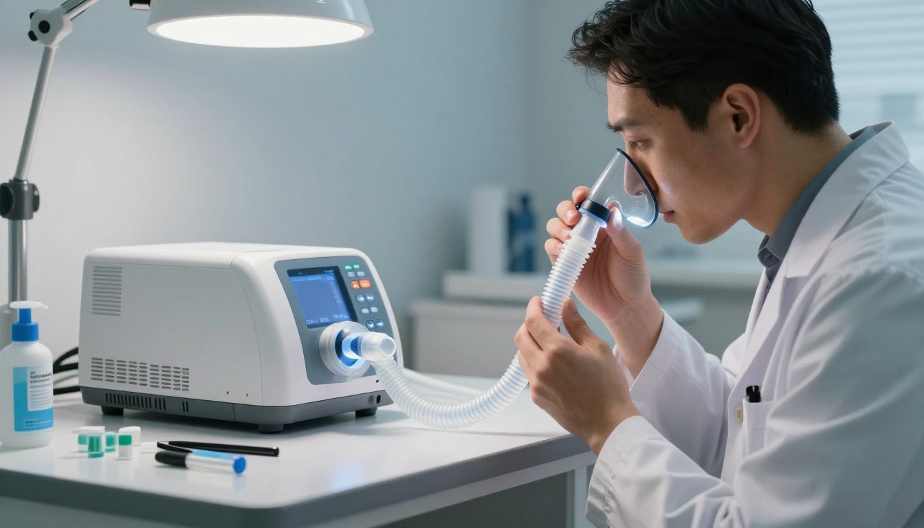 A professional setting showcasing the maintenance and inspection of a sleep apnea machine. In the foreground, a healthcare technician in a lab coat carefully examines a nasal mask and flexible tubing for any signs of wear or damage. The technician uses a flashlight to inspect the equipment closely, emphasizing attention to detail. In the middle ground, the sleep apnea machine is displayed on a sleek, modern work surface, with various tools organized neatly nearby, including replacement parts and cleaning supplies. In the background, soft, diffused lighting from overhead fixtures creates a calm and focused atmosphere, while a subtle hint of a medical office environment is suggested. The overall mood conveys professionalism, precision, and the importance of maintaining equipment for effective treatment outcomes.