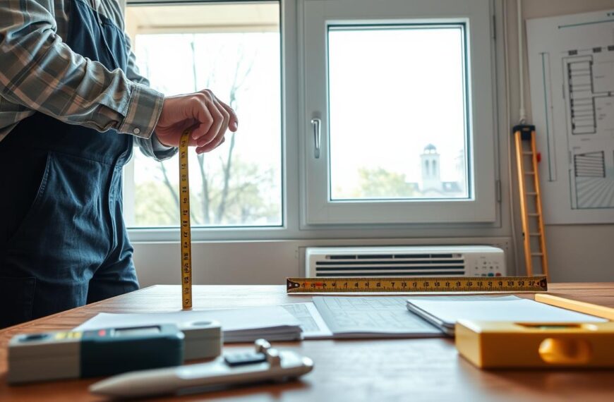 A close-up shot of a knowledgeable technician measuring a window’s dimensions accurately before installing a window air conditioning unit. The technician, dressed in professional work attire, holds a tape measure against a large window with clear glass, showcasing precise measurements. In the foreground, various measuring tools like a level and a notepad are organized neatly on a nearby table. The middle ground features the window frame, revealing the outdoors with bright daylight streaming through. The background includes a well-organized workspace with a blueprint of the window area pinned to the wall. The scene has a clean, practical atmosphere, emphasizing professionalism and attention to detail. Soft, natural lighting enhances the clarity of the technical measurements, contributing to an honest and industrious mood.