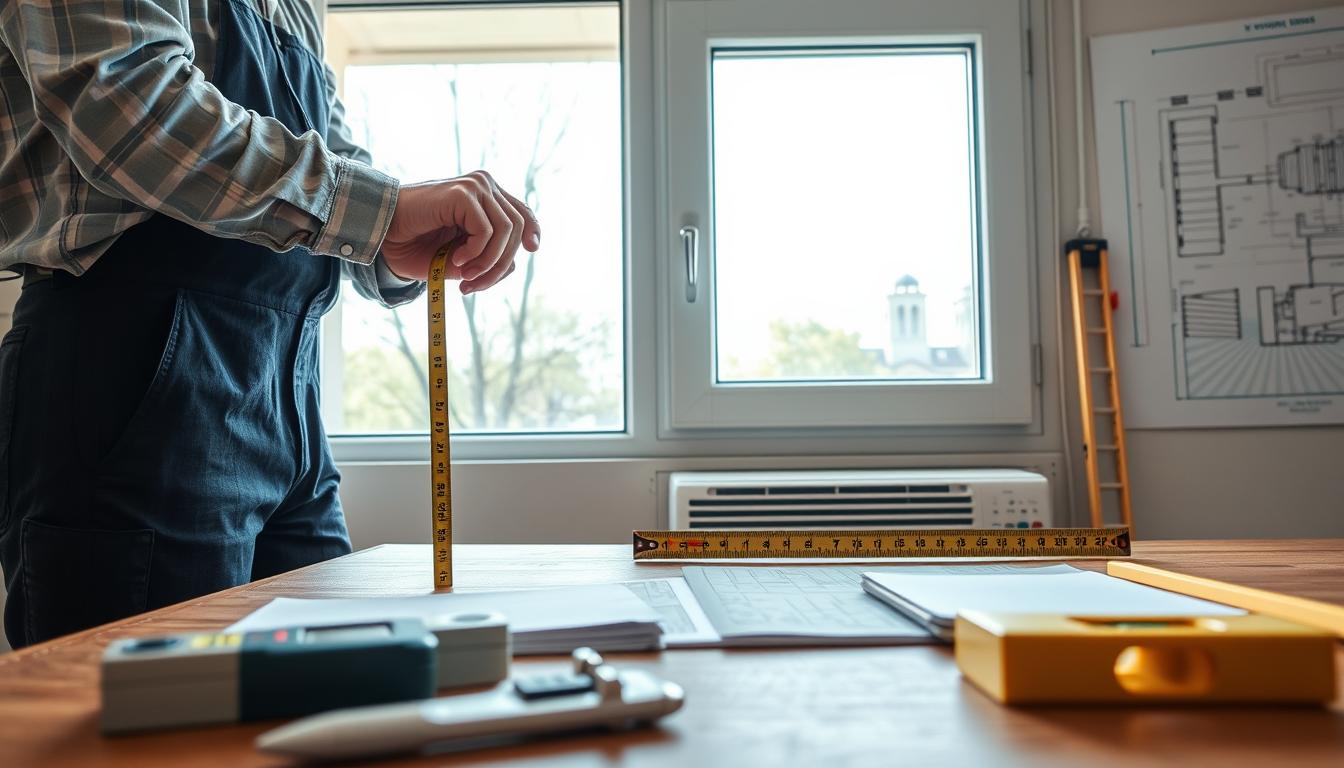 A close-up shot of a knowledgeable technician measuring a window’s dimensions accurately before installing a window air conditioning unit. The technician, dressed in professional work attire, holds a tape measure against a large window with clear glass, showcasing precise measurements. In the foreground, various measuring tools like a level and a notepad are organized neatly on a nearby table. The middle ground features the window frame, revealing the outdoors with bright daylight streaming through. The background includes a well-organized workspace with a blueprint of the window area pinned to the wall. The scene has a clean, practical atmosphere, emphasizing professionalism and attention to detail. Soft, natural lighting enhances the clarity of the technical measurements, contributing to an honest and industrious mood.