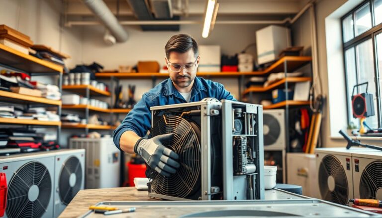 A professional technician in a neatly organized workshop, surrounded by cooling units and tools, is inspecting an air conditioning unit on a workbench. The technician, wearing a blue uniform, safety goggles, and gloves, is focused on the internal components, showcasing a parallel view of hands working meticulously. In the background, shelves filled with various parts and equipment add depth, with warm overhead lighting illuminating the scene. A nearby window allows natural light to filter in, creating a balanced light ambiance. The technician's expression conveys concentration and expertise, emphasizing the importance of timely AC repair. Overall, the atmosphere is one of professionalism and efficiency, capturing the essence of air conditioning maintenance.