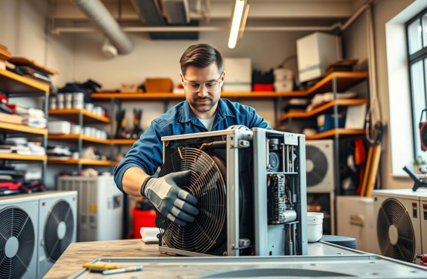 A professional technician in a neatly organized workshop, surrounded by cooling units and tools, is inspecting an air conditioning unit on a workbench. The technician, wearing a blue uniform, safety goggles, and gloves, is focused on the internal components, showcasing a parallel view of hands working meticulously. In the background, shelves filled with various parts and equipment add depth, with warm overhead lighting illuminating the scene. A nearby window allows natural light to filter in, creating a balanced light ambiance. The technician's expression conveys concentration and expertise, emphasizing the importance of timely AC repair. Overall, the atmosphere is one of professionalism and efficiency, capturing the essence of air conditioning maintenance.