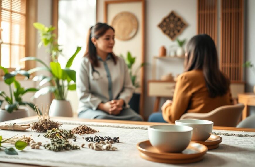 A serene, harmonious Chinese medicine clinic. In the foreground, a traditional Chinese herbal medicine table is adorned with carefully arranged herbs, acupuncture needles, and calming teacups. In the middle ground, a professional woman in modest, professional attire is consulting with a patient, both engaged in a thoughtful discussion about fertility health, emphasizing holistic approaches. The background features soft, natural lighting streaming through a window, highlighting green plants and wooden decor, creating a tranquil and inviting atmosphere. The overall mood conveys a sense of hope and wellness, focusing on the importance of nurturing ovarian function and enhancing conception rates through traditional methods.