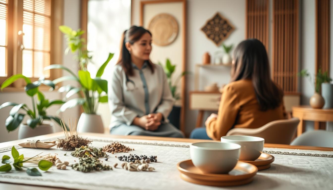 A serene, harmonious Chinese medicine clinic. In the foreground, a traditional Chinese herbal medicine table is adorned with carefully arranged herbs, acupuncture needles, and calming teacups. In the middle ground, a professional woman in modest, professional attire is consulting with a patient, both engaged in a thoughtful discussion about fertility health, emphasizing holistic approaches. The background features soft, natural lighting streaming through a window, highlighting green plants and wooden decor, creating a tranquil and inviting atmosphere. The overall mood conveys a sense of hope and wellness, focusing on the importance of nurturing ovarian function and enhancing conception rates through traditional methods.