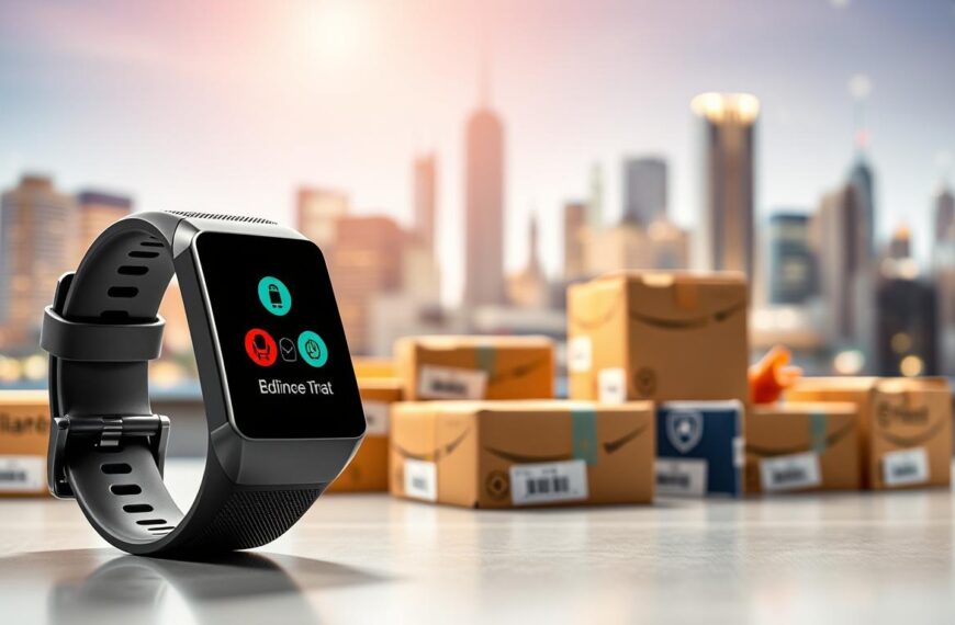 A sleek and modern fitness technology wristband showcased prominently in the foreground, featuring a vibrant touchscreen display and a stylish design that reflects its advanced capabilities. In the middle ground, an assortment of international delivery packages and shipping boxes, symbolizing the concept of purchasing from the U.S., are neatly arranged. The background includes a blurred urban skyline, representing the U.S. market, with bright, dynamic lighting reflecting a tech-savvy atmosphere. The scene evokes a sense of innovation and modern lifestyle, with a focus on the advantages of choosing a specific U.S. shopping platform. The angle is slightly tilted to add a dynamic quality, emphasizing the wristband and packages as focal points in this engaging visual narrative.