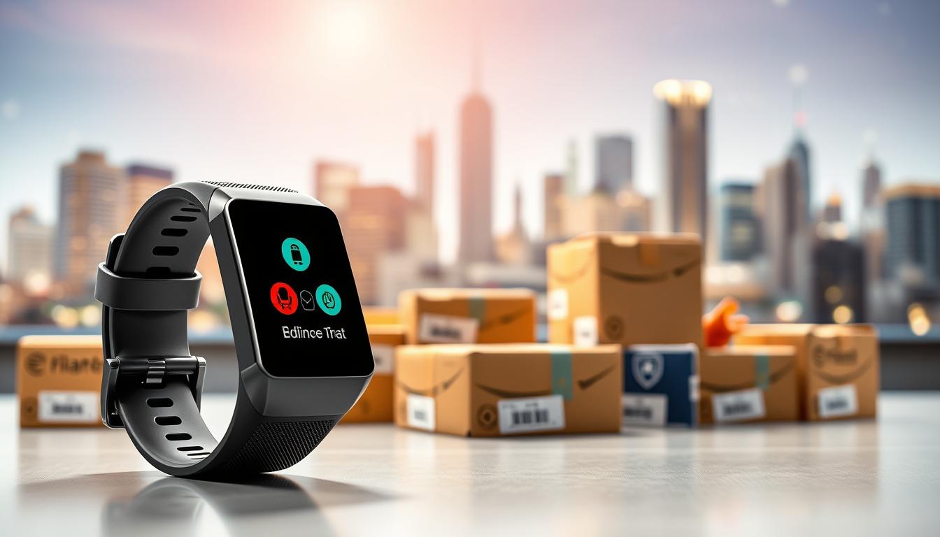 A sleek and modern fitness technology wristband showcased prominently in the foreground, featuring a vibrant touchscreen display and a stylish design that reflects its advanced capabilities. In the middle ground, an assortment of international delivery packages and shipping boxes, symbolizing the concept of purchasing from the U.S., are neatly arranged. The background includes a blurred urban skyline, representing the U.S. market, with bright, dynamic lighting reflecting a tech-savvy atmosphere. The scene evokes a sense of innovation and modern lifestyle, with a focus on the advantages of choosing a specific U.S. shopping platform. The angle is slightly tilted to add a dynamic quality, emphasizing the wristband and packages as focal points in this engaging visual narrative.