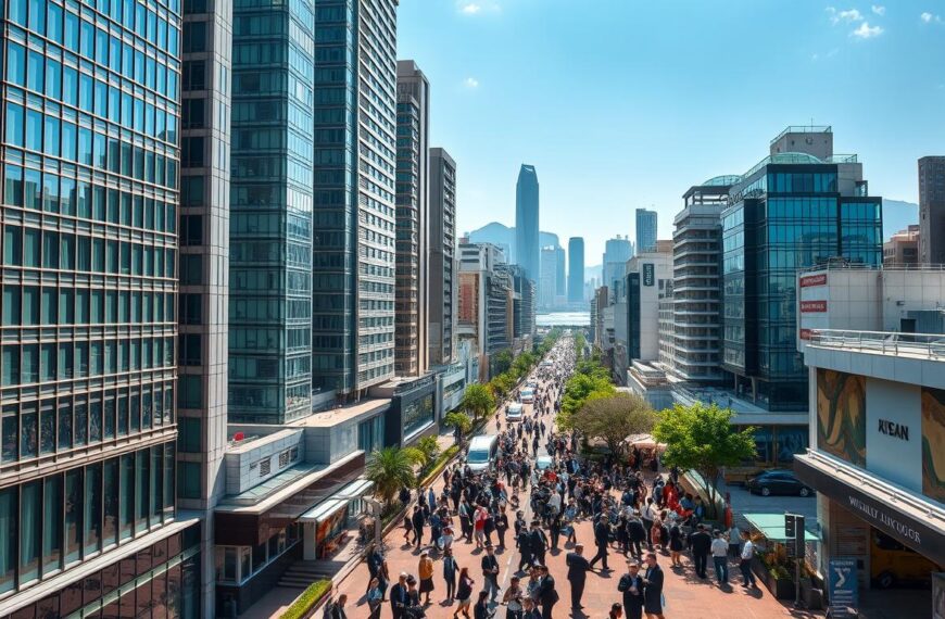 A detailed aerial view of Wan Chai, showcasing modern office buildings available for rent amidst a bustling urban setting. In the foreground, include sleek high-rise office towers with glass facades reflecting the sunlight. The middle area features a busy street filled with professionals in business attire, engaging in discussions and examining property listings. The background reveals a skyline with iconic Hong Kong landmarks under a clear blue sky, symbolizing market potential and trend analysis. Use soft, natural lighting to enhance the vibrant atmosphere, with a slight emphasis on optical depth. The scene conveys a sense of professionalism and opportunity, perfect for illustrating trends in office rental and market dynamics.