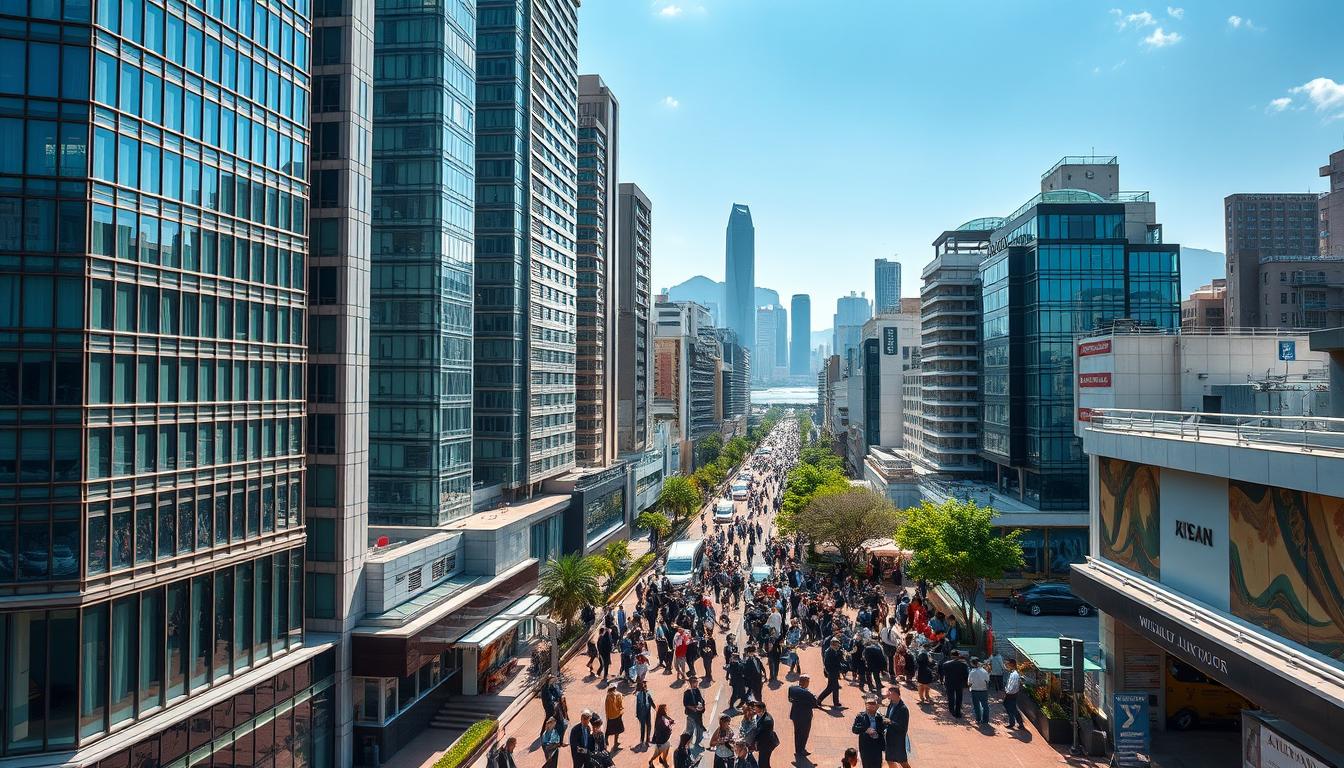 A detailed aerial view of Wan Chai, showcasing modern office buildings available for rent amidst a bustling urban setting. In the foreground, include sleek high-rise office towers with glass facades reflecting the sunlight. The middle area features a busy street filled with professionals in business attire, engaging in discussions and examining property listings. The background reveals a skyline with iconic Hong Kong landmarks under a clear blue sky, symbolizing market potential and trend analysis. Use soft, natural lighting to enhance the vibrant atmosphere, with a slight emphasis on optical depth. The scene conveys a sense of professionalism and opportunity, perfect for illustrating trends in office rental and market dynamics.