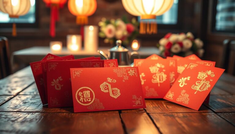 A visually striking and informative scene depicting traditional Chinese red envelopes (hongbao) prominently displayed on a rustic wooden table. In the foreground, several elegantly designed red envelopes, each featuring intricate gold patterns and symbols of prosperity, are artfully arranged. They are open, revealing various denominations of money inside, symbolizing thoughtful gifting for formal occasions such as weddings. The middle ground showcases a delicate tea set, hinting at the cultural significance of the setting. In the background, softly blurred, a warm ambiance is created by glowing lanterns and subtle floral decorations, enhancing the festive mood. The lighting is soft and inviting, reminiscent of a celebratory gathering, with a slight emphasis on the red envelopes to draw attention. Captured from a slightly elevated angle, the image conveys an atmosphere of respect and tradition.