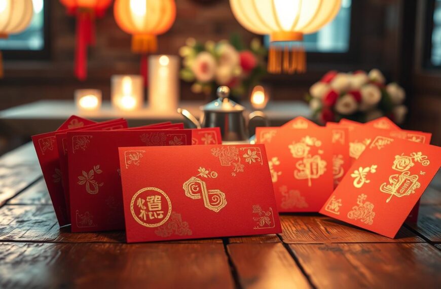 A visually striking and informative scene depicting traditional Chinese red envelopes (hongbao) prominently displayed on a rustic wooden table. In the foreground, several elegantly designed red envelopes, each featuring intricate gold patterns and symbols of prosperity, are artfully arranged. They are open, revealing various denominations of money inside, symbolizing thoughtful gifting for formal occasions such as weddings. The middle ground showcases a delicate tea set, hinting at the cultural significance of the setting. In the background, softly blurred, a warm ambiance is created by glowing lanterns and subtle floral decorations, enhancing the festive mood. The lighting is soft and inviting, reminiscent of a celebratory gathering, with a slight emphasis on the red envelopes to draw attention. Captured from a slightly elevated angle, the image conveys an atmosphere of respect and tradition.